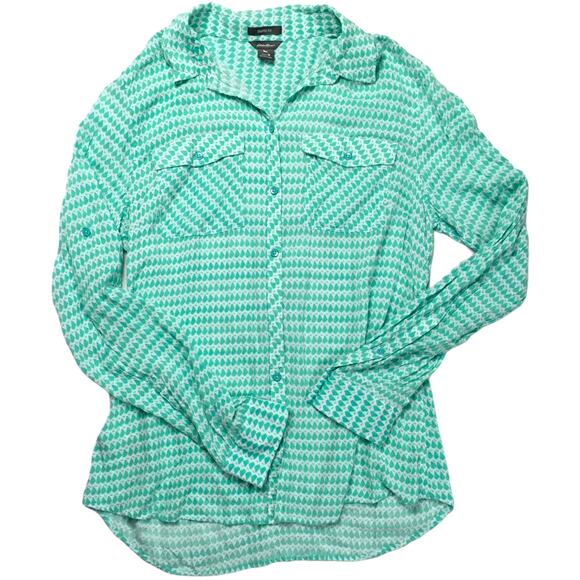 Eddie Bauer‎ Shirt Button Front Shaped Fit Green White Print Women's Medium - Picture 12 of 12